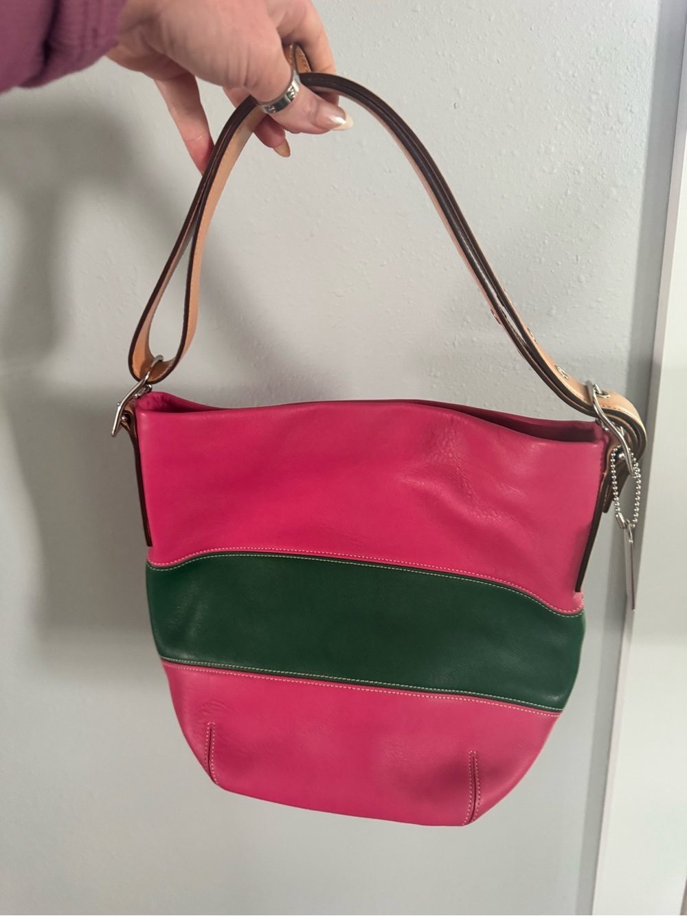 Coach Pink Leather Shoulder Bag with Green Stripe